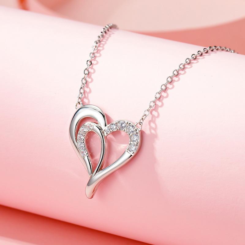 

Ожерелье-цепочка из серебра 925 пробы высшего качества, женское колье, аксессуары, классическая подвеска в виде двойного сердца для леди, подруги, Рождественский подарок
