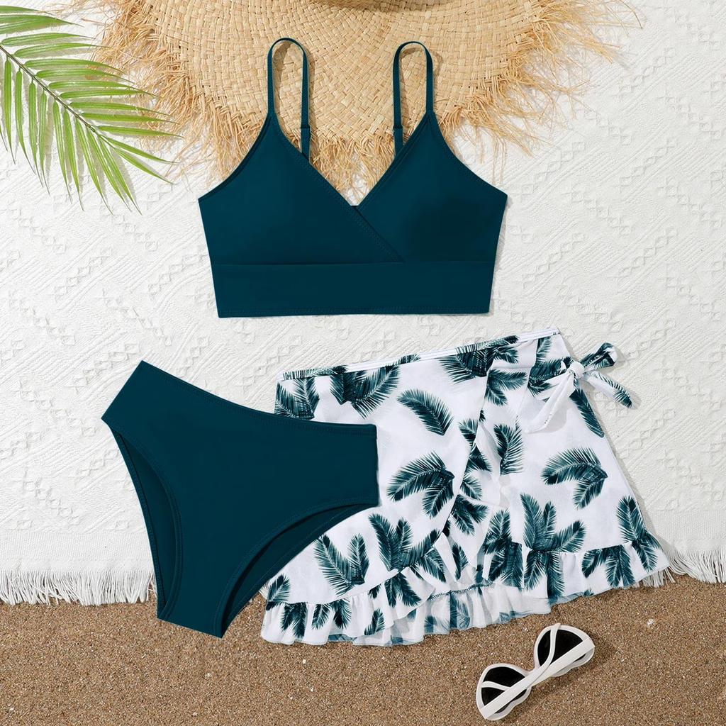 Zweiteiliges Badeanzug-Set für Mädchen Enthält Bikini-Oberteil Bikini-Unterteil und Rock Badebekleidung mit Verstellbaren Trägern und Rock mit Blattmuster für Strand Pool