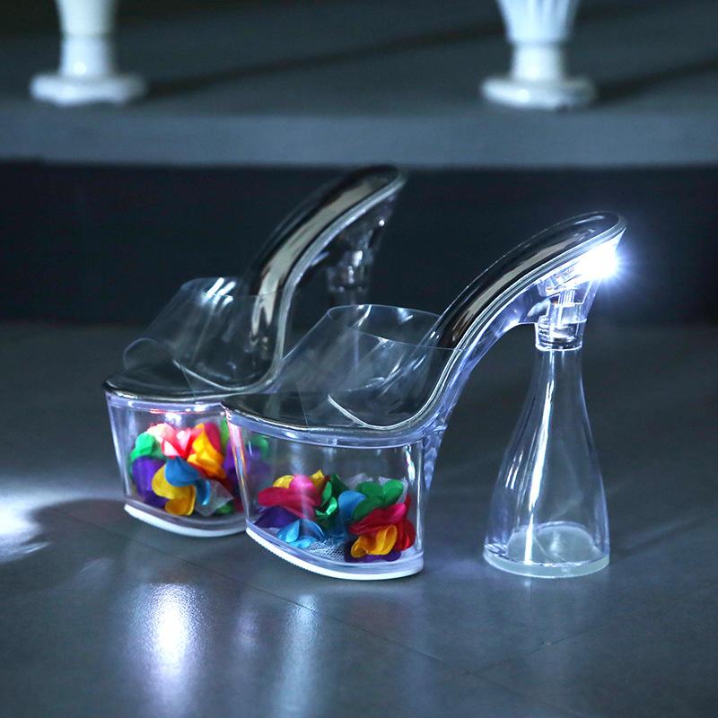 

Женские сандалии со светодиодной подсветкой, прозрачный каблук, блочный каблук, 18 см, модель автомобиля, тапочки, светящаяся стальная труба для подиума, LFD-10369-2 43