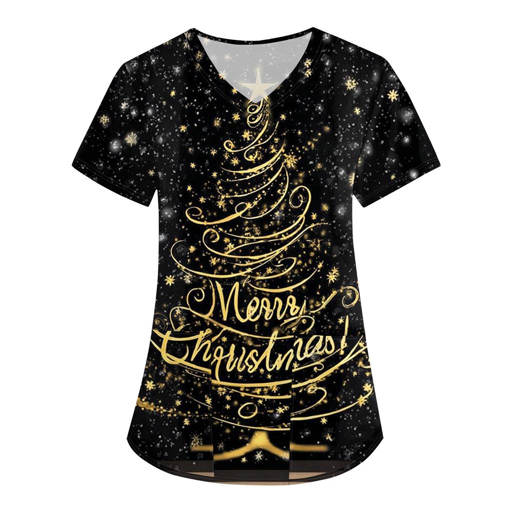 Women's Fashion V-Neck Short Sleeve Overalls With Pockets Christmas Printed Tops  Clothes