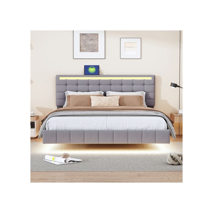 Lit capitonné - MUVOE - 160x200 cm - Éclairage LED - Tissu en lin - Design moderne