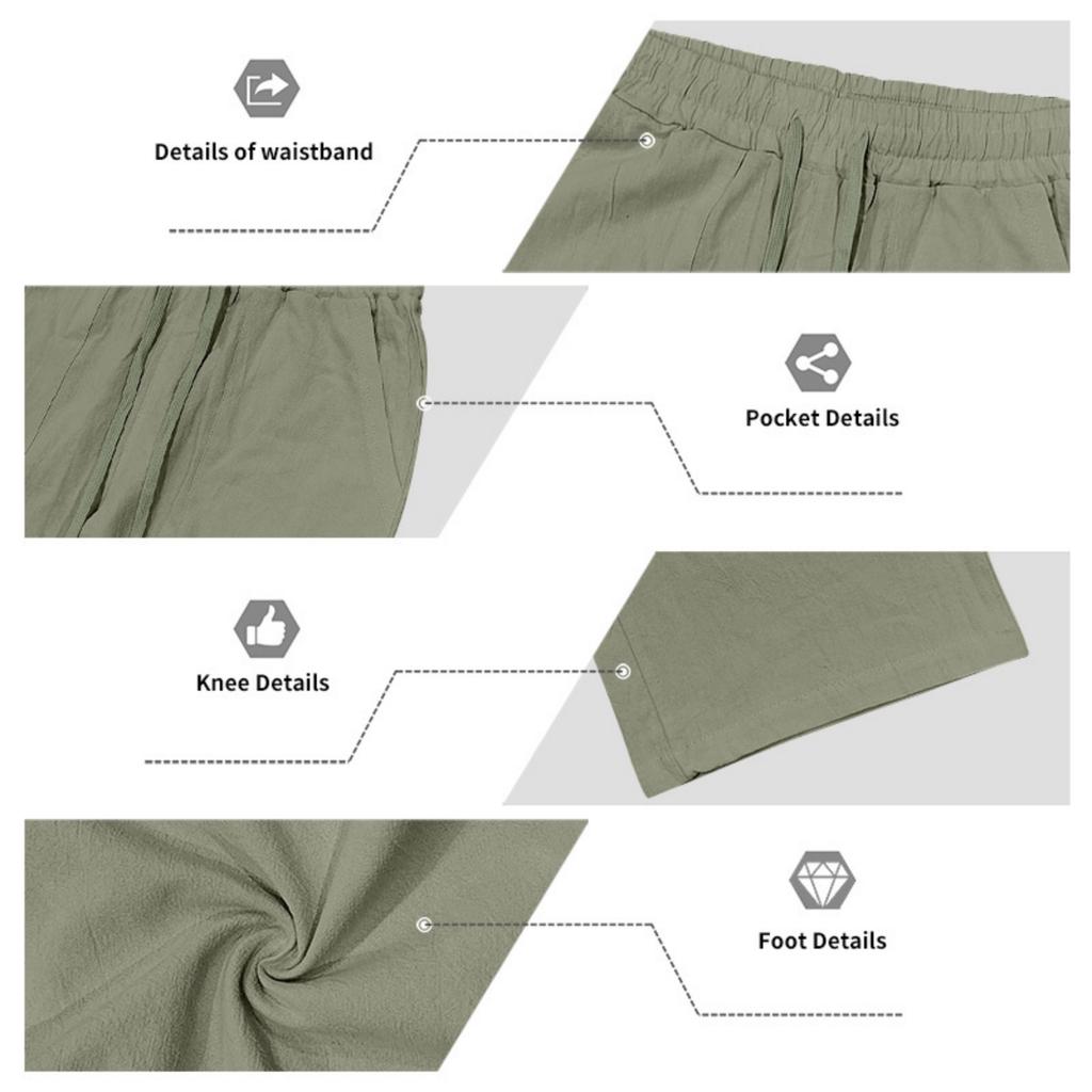 Men’s Loose Fit Linen Pants Breathable Sweat Absorbing Wide Leg Casual Trousers with Drawstring Waist Large Size for Daily Wear