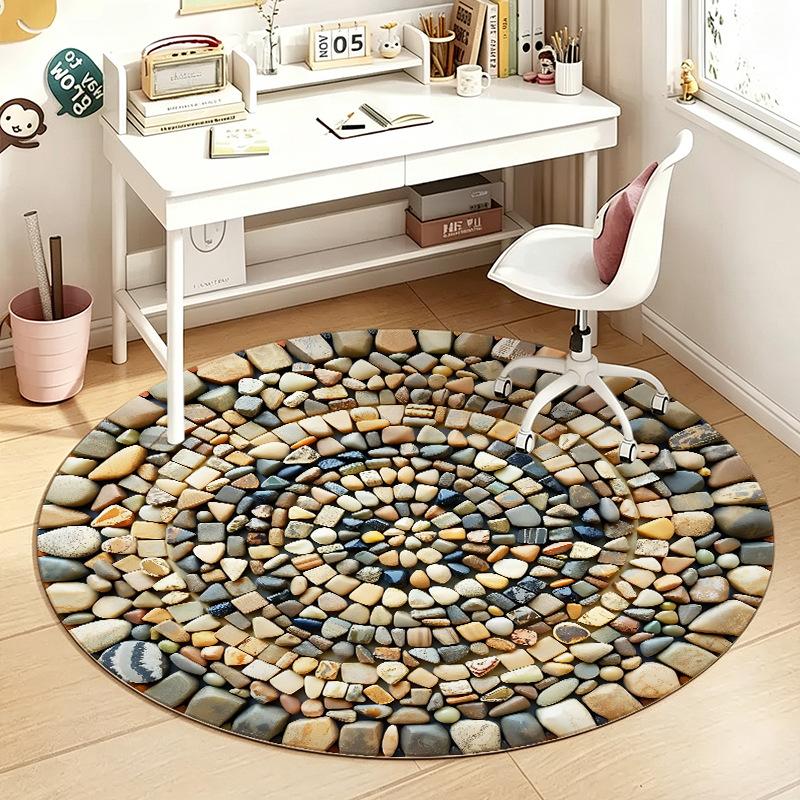 1Pcs Stone Round Rug Non-Slip Machine Washable Floor Mat 2D Flat Vintage Floral Area Rug for Living Room Bedroom Decor