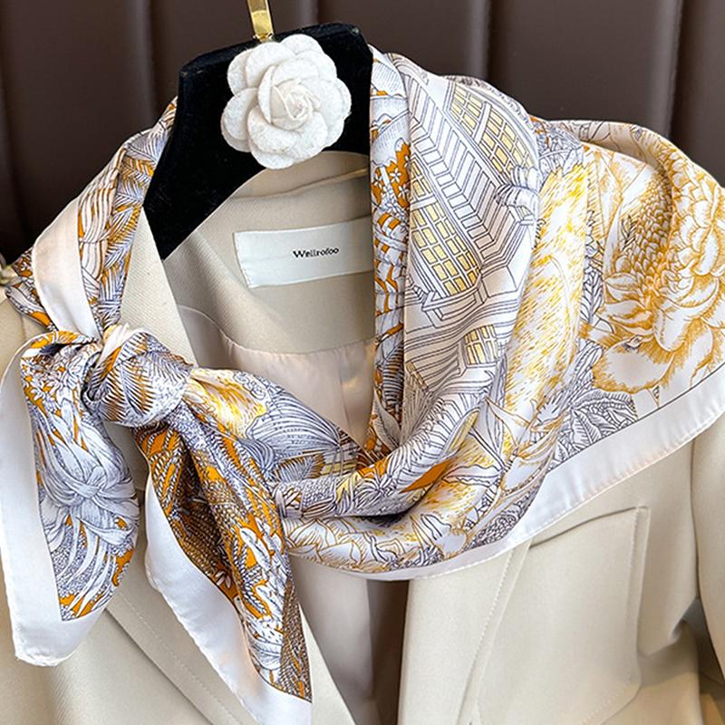 70*70cm Lemon Print Women's Silk Scarf Luxury Headscarf Neck Ties Fashion Decorate Handerchief Female Summer Hijab Bag Ribbions