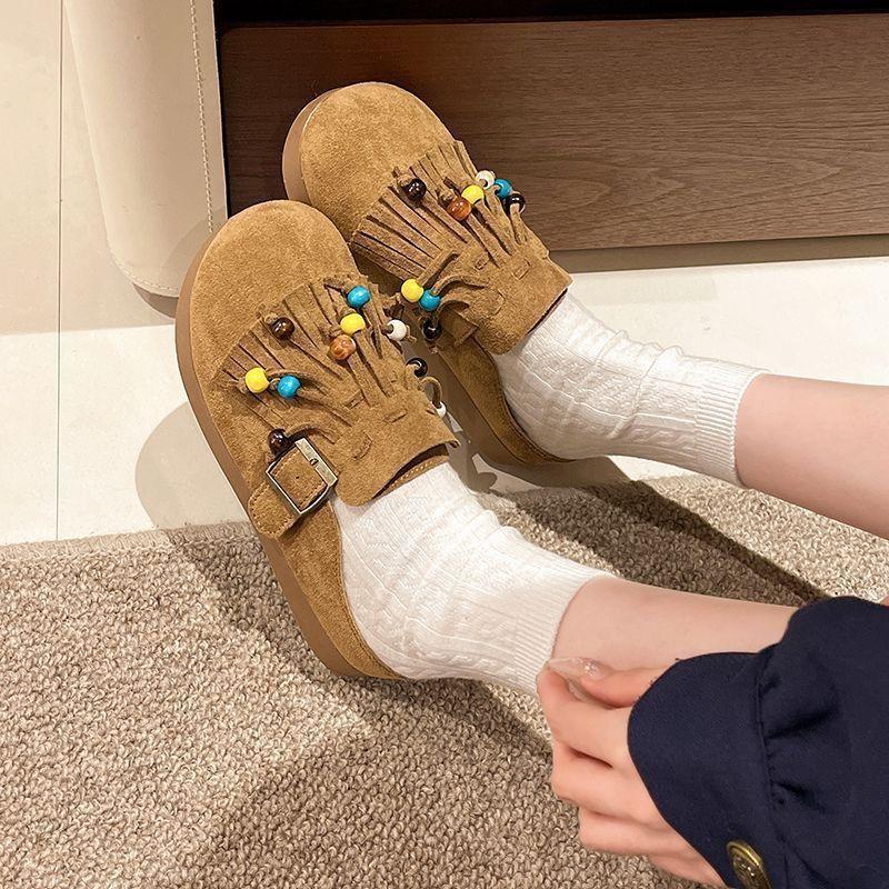 Lazy One-pedal Flat-bottomed Comfortable Lazy Shoes Trendy Retro Fringed Beaded Toast Single Shoes Women's 2025 Autumn New Models