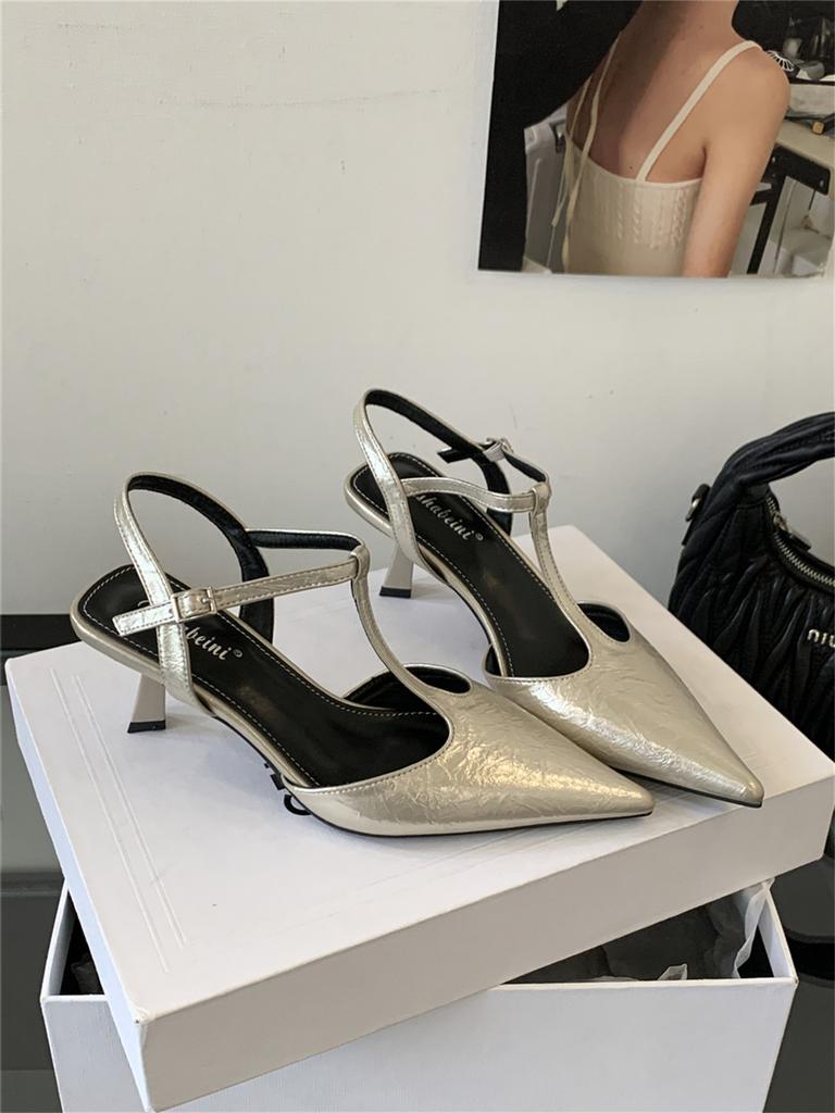 High Heels Thin Heels Bag Head Sandals Women's 2025 Spring and Summer New French Silver Pointed Single Shoes Women