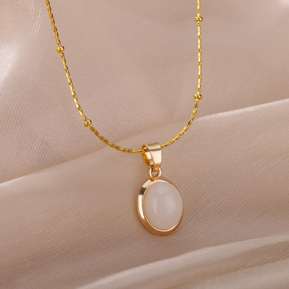 Stainless Steel Green Stone Necklaces For Women Gold Color Chain Stone Opal Oval Pendant Necklace Classic Aesthetic Jewelry Gift