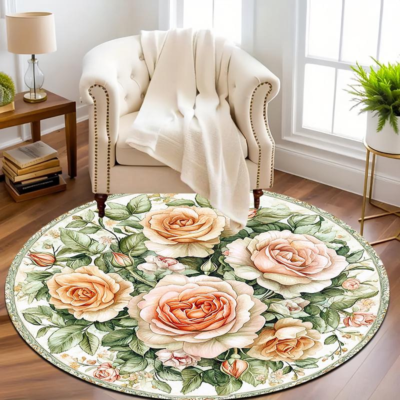 Rose floral pattern Flannel-printed round floor mats are slip-resistant Suitable for living room bedroom terrace garden carpets