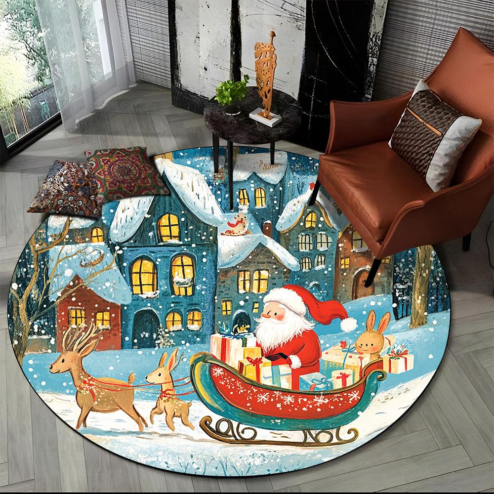 Cartoon Weihnachtsmann Frohe Weihnachten Schneemann Neujahr Runder Teppich für Schlafzimmer Wohnzimmer Sofadekoration, Dekor Bodenteppich