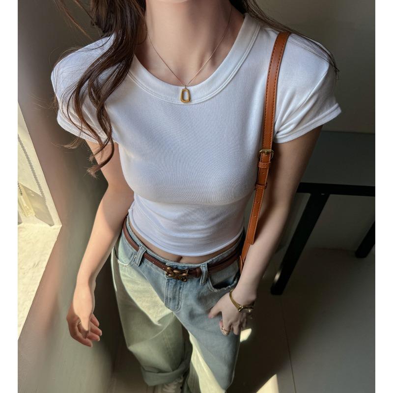 Women Crew Neck Short Sleeve Rib Knit Crop Top Slim Fit Curved Hem Solid Color Casual T Shirt