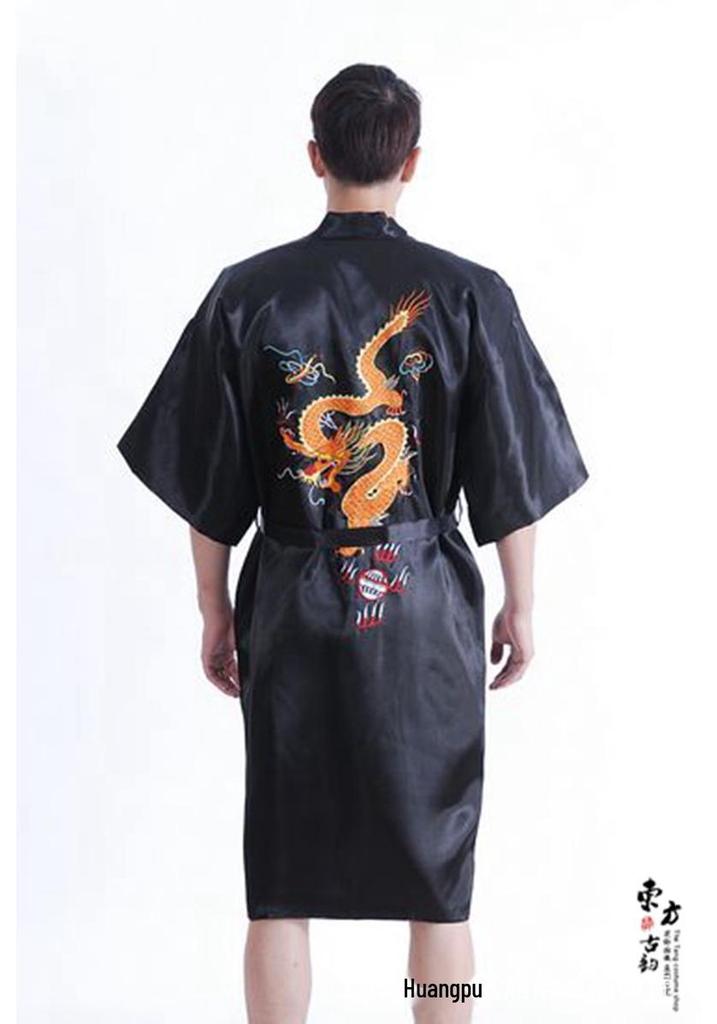 Men's Retro Long Dragon Embroidered Silk Tang Suit Pajama Robe