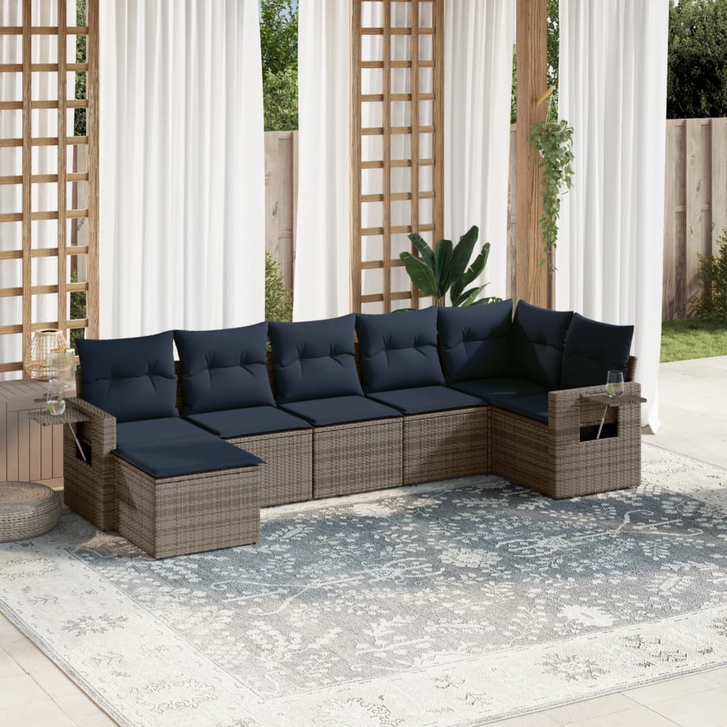 7 Piece Garden Sofa Set with Cushions Gray Poly Rattan
