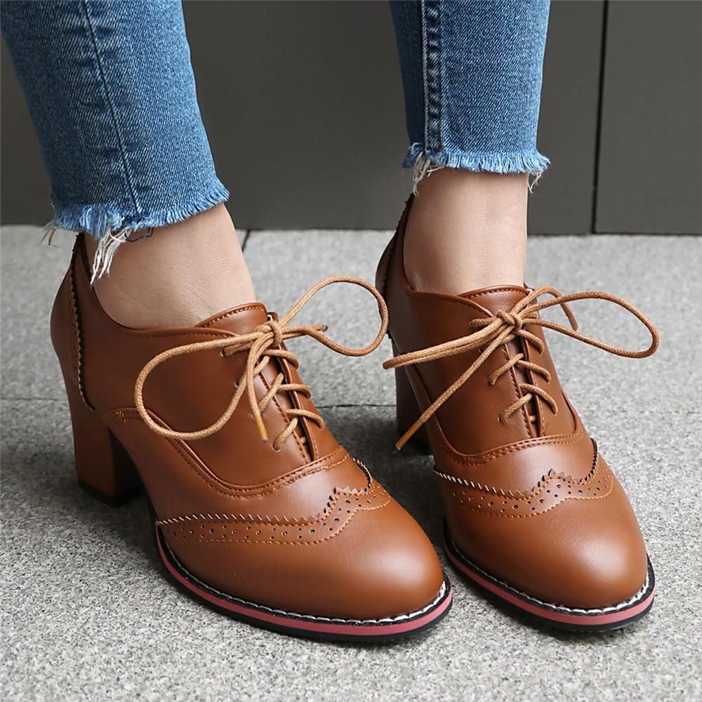 Fashion 2025 Women Pumps Round Toe Thick High Heels Platform Brogue Student Carved Retro Lace-Up Classic Spring Office Lady Lace Up Shoe