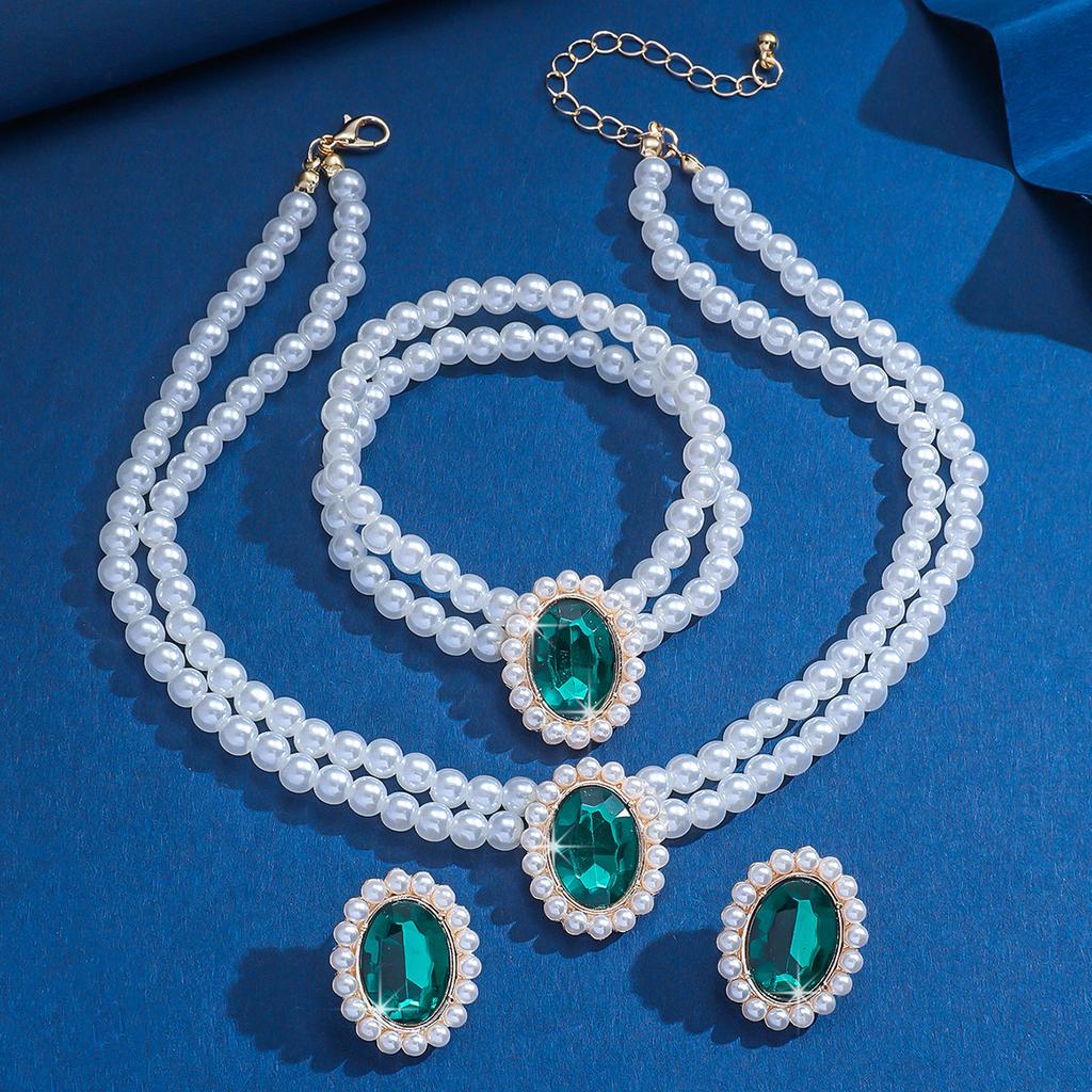 3 pcs Luxury-lite style short pearl imitation earrings and necklace, green turquoise bead string, ethnic style fashionable set