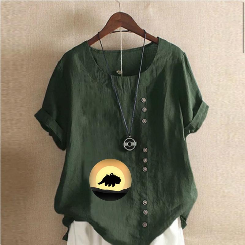 Women's Fashion Round Neck Short Sleeve T-shirt Casual Cotton Linen Graphic Shirt Shadow Prined Summer Blouse Tops Plus Size