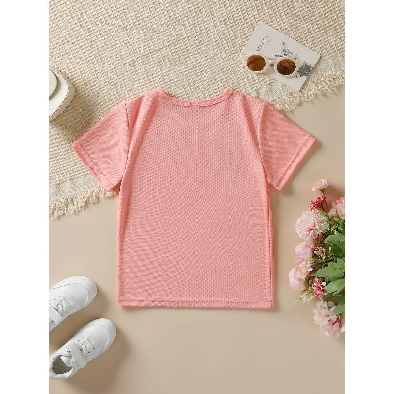 European Sizes Girls' Casual Summer Short-Sleeve T-Shirt | Happy Valentine'S Day Heart Cartoon Print, Crew Neck, Slight Stretch Fabric, Regular Fit