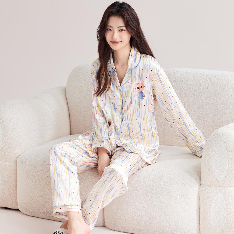 Rainbow Striped Pajamas Women'S Ins Wind Sweet Little Squirrel Ice Silk Thin High-End Loungewear Autumn Suit