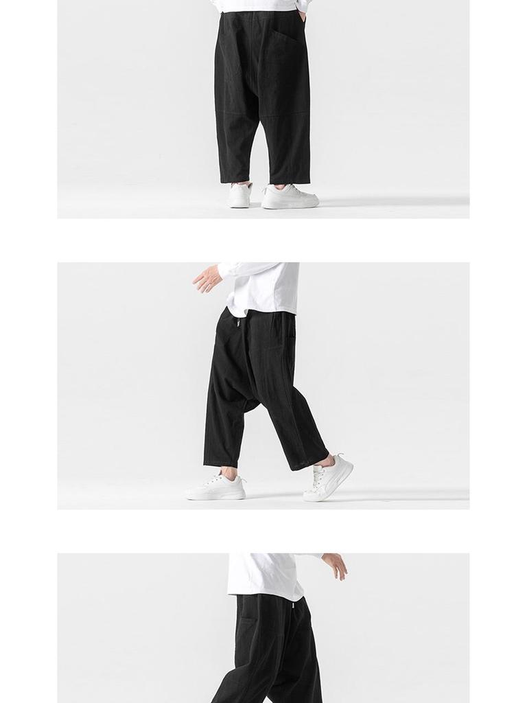 2024 Autumn/Winter Men's Cotton Linen Harem Pants - Chinese Style Patchwork, Casual Wide-Leg