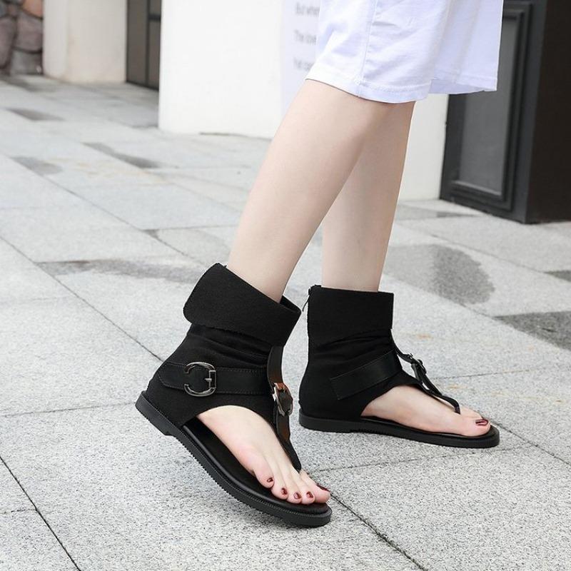 New Round Toe Clip Toe Sexy Rear Zipper Beach Shoes in Summer Stylish Comfortable Solid Color Non-slip Exposed Toe Flat Sandals