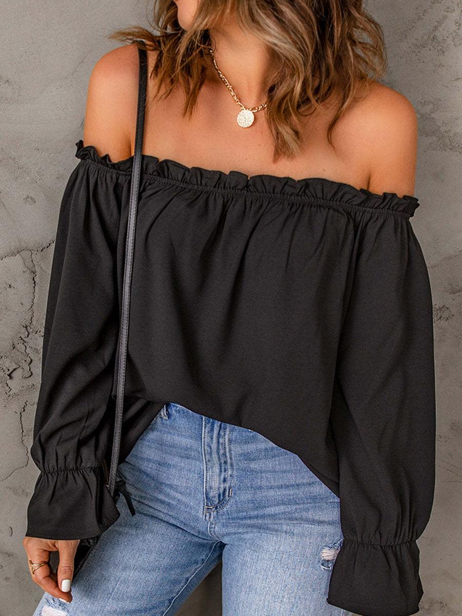 

One Word Snow Silk Shirt Women Spring Autumn New Style Solid Color Crew Neck Sexy Off-Shoulder Top for Women S чёрный