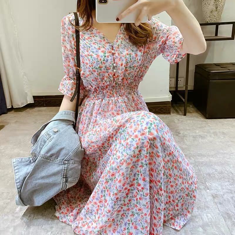 New Chiffon Floral Dress for Women Summer Korean Version Short