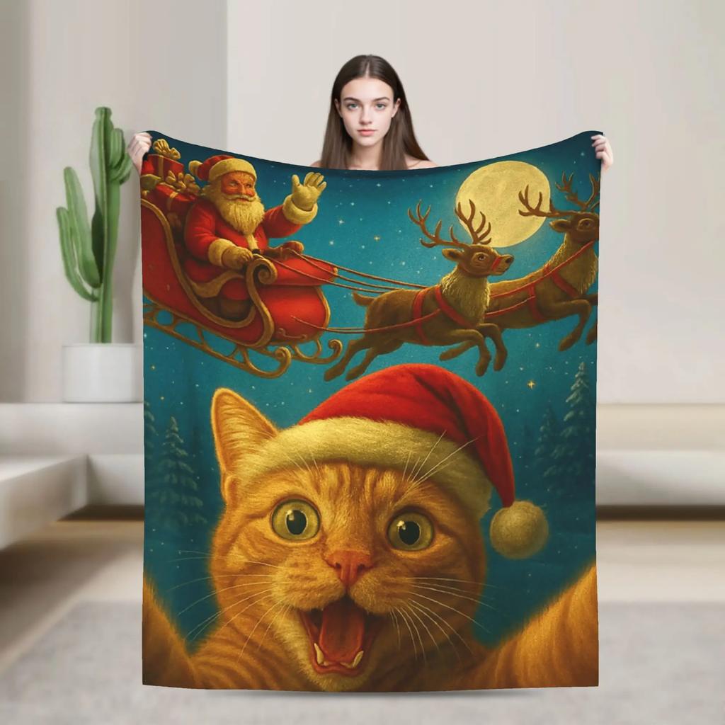 Funny Cat Selfie Santa Merry Christmas Blanket Soft Warm Throw for Winter Bedroom Students Holiday Home Decor
