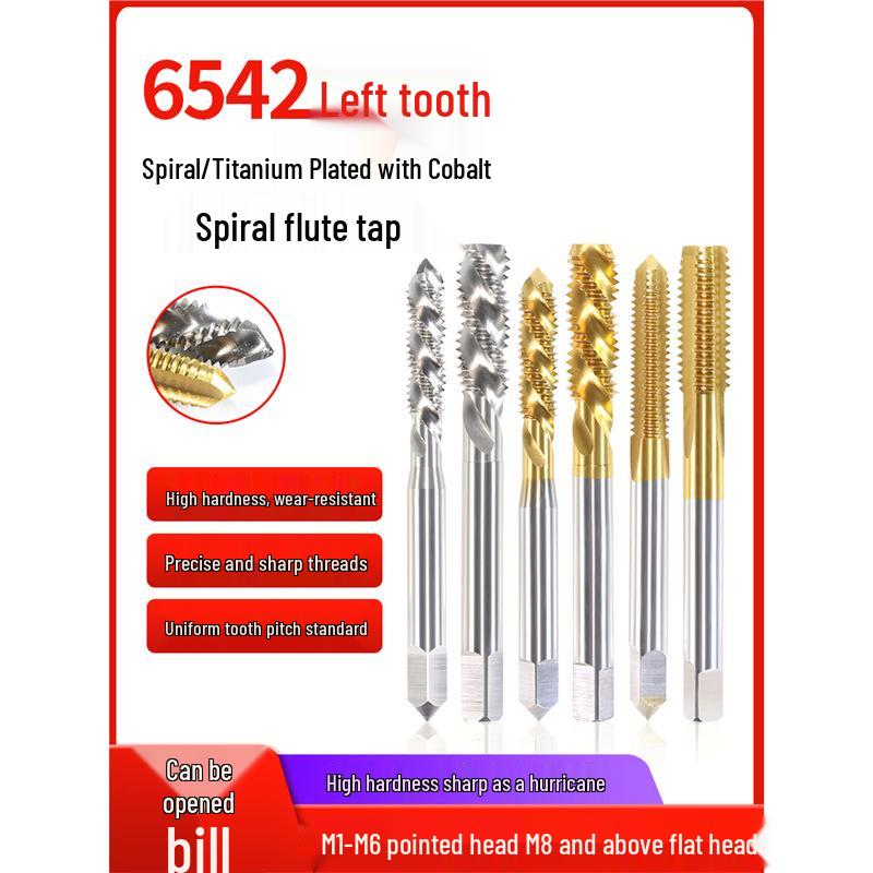 Left-Hand Helical Flute Tap - Titanium & Cobalt-Plated for M6, M8, M10 Blind and Through Holes Left Tooth Helix M3*0.5 (Plain)