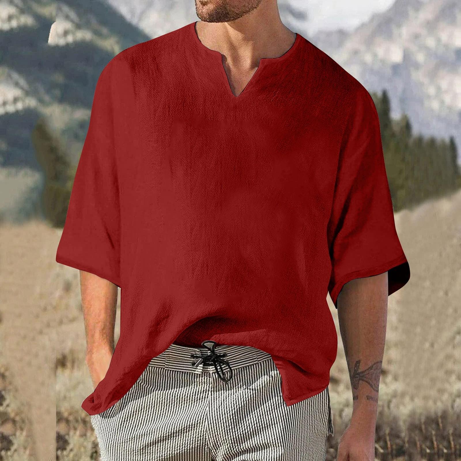 

Мужской однотонный плиссированный топ с рукавом четверть, мужской топ с v-образным вырезом в стиле ретро XXL винный