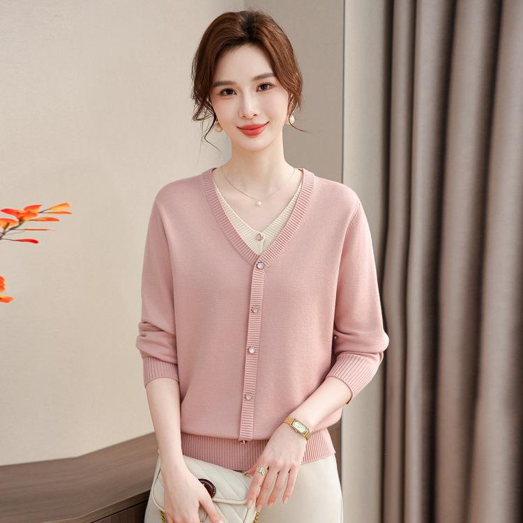 Nový styl jarní a podzimní tenký svetr základní tričko top pro matky středního věku jarní falešný dvoudílný pletený trikot s dlouhým rukávem