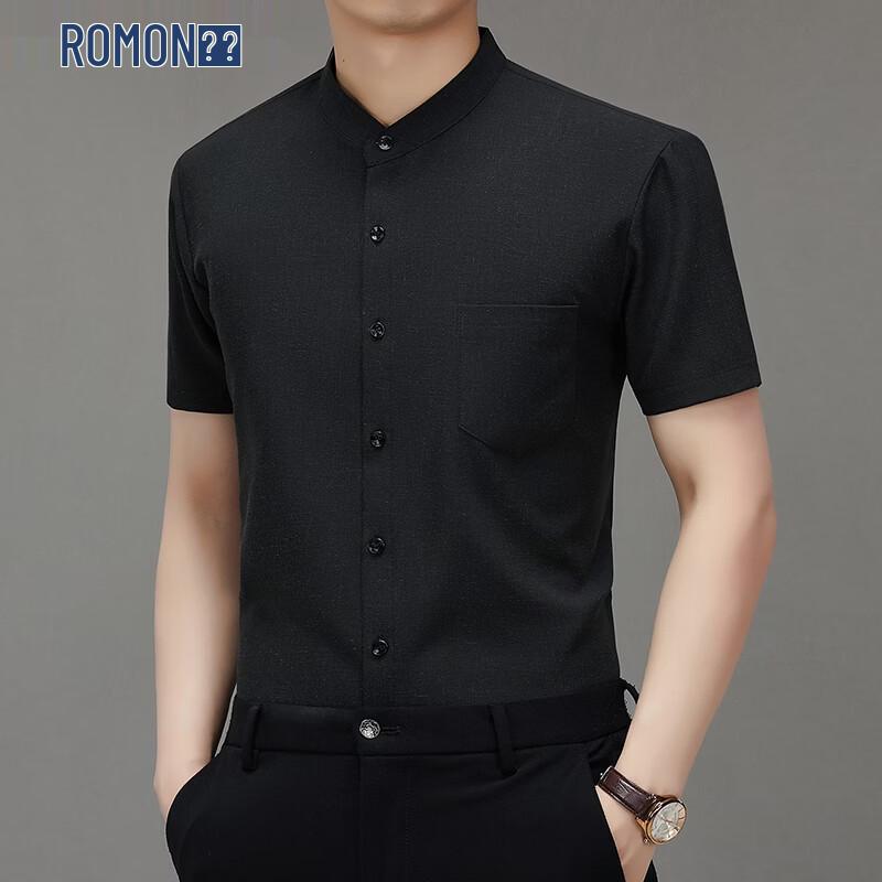 ROMON Men s Casual Linen Blend Stand Collar Short Sleeve Shirt 2XL