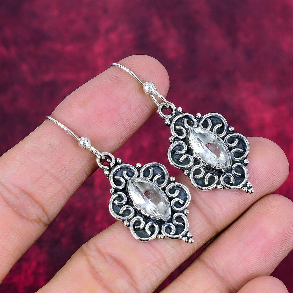 Boucles d'oreilles en argent sterling massif 925 avec topaze blanche, bijoux en pierres précieuses faits à la main pour le Memorial Day