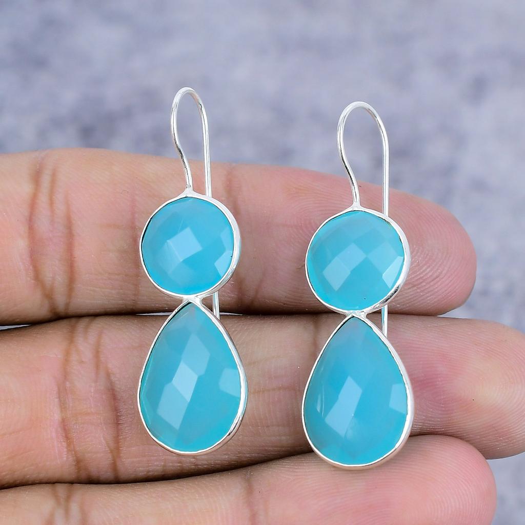 Blue Chalcedony Gemstone Handmade 925 Sterling Silver Jewelry Earring 1.77" M-2621