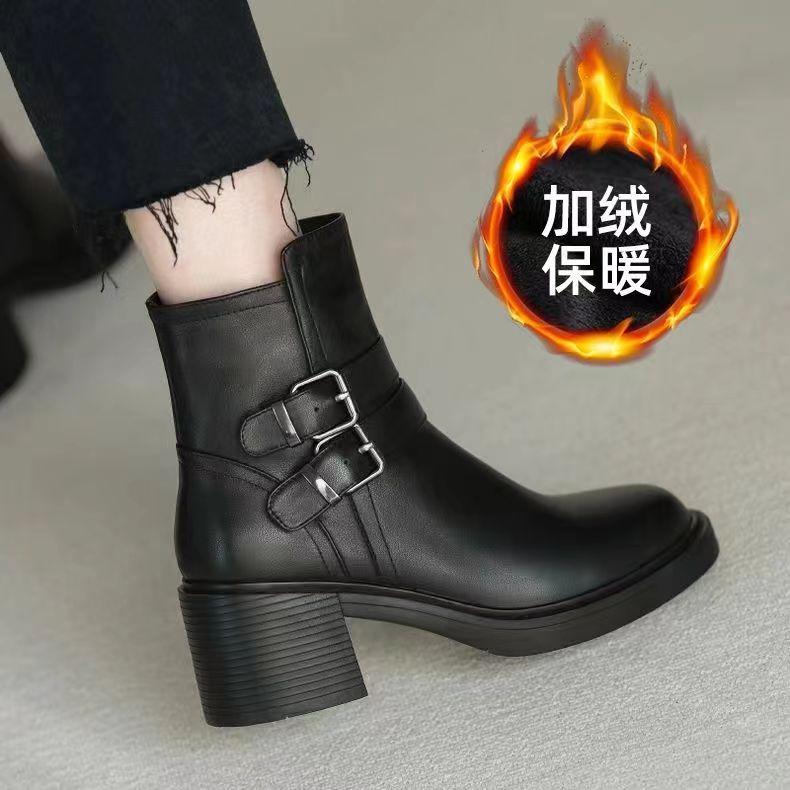 Womens Ankle Boots Fashion Belt Buckle Soft Leather Boots Plush Warm Winter Boots for Women Heel Casual Leather Boot Botas Mujer