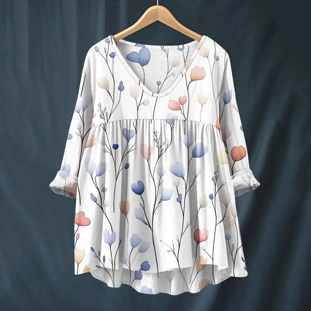 Women's Fashionable And Casual Shirt Long-sleeved V-neck Print Cotton And Linen Blouse