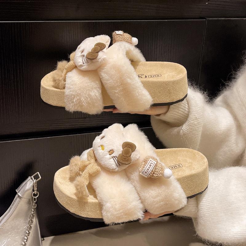 Kätzchen süße flauschige Hausschuhe Damen Oberbekleidung 2025 Herbst und Winter neu lässig Ein-Pedal dicksohlige Baumwollhausschuhe Damen