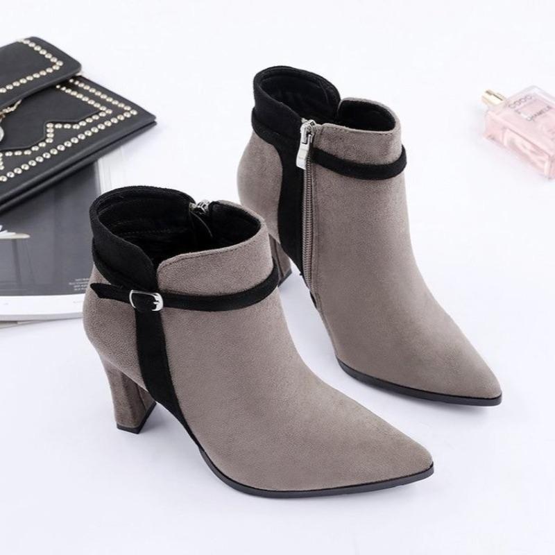 

2026 Autumn and Winter New Fashion Korean Version Suede Pointed Toe Women s Block Heel High Heels Colorblock Booties 35 серый