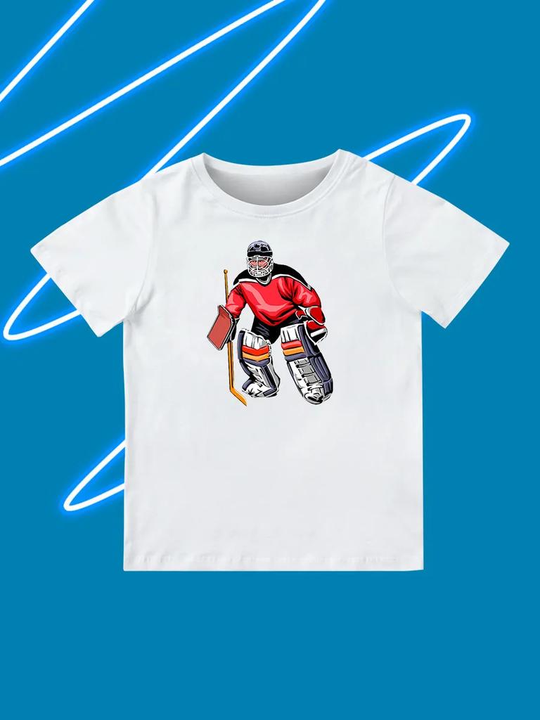 Round Neck Printed Pattern Pullover Short Sleeve Kids Tops Ice Hockey Goalie