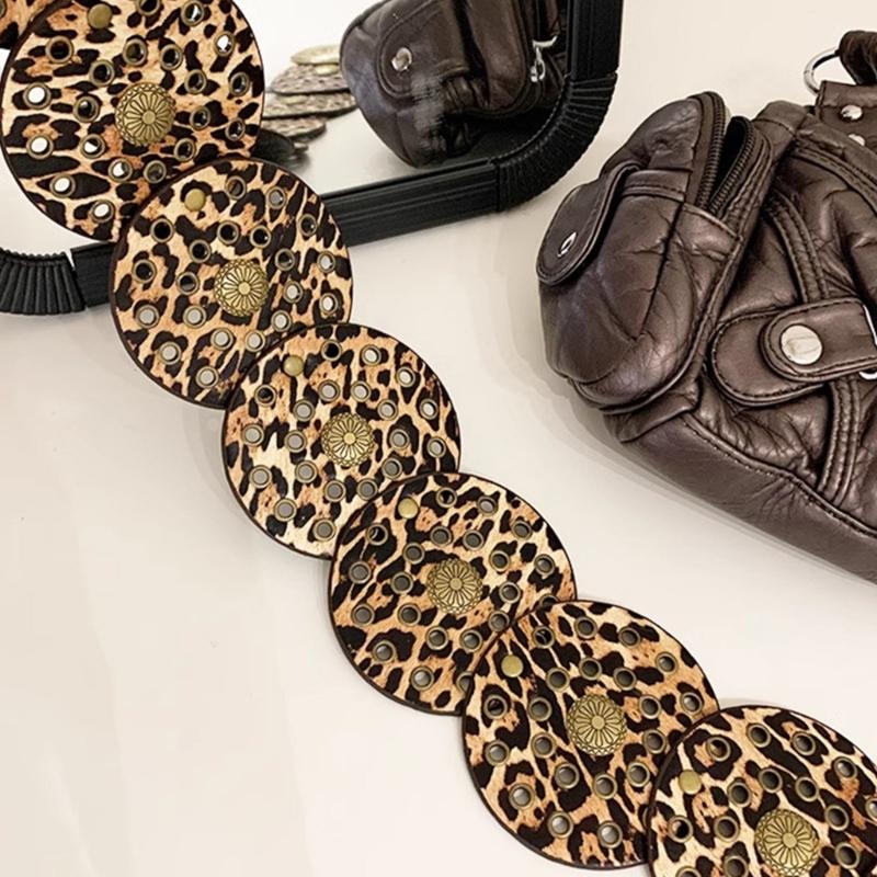 Stylish Leopard Wide Belt for Adult Western Waistband Ethnic PU Leather Embossing Buckle Waiststrap for Formal Dresses