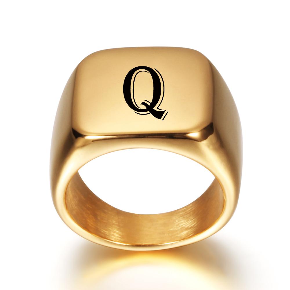 Personalised Initial Engrave A To Z Alphabet Stainless Steel Signet Blank Plain Ring Band High Polished Gold Color Tone U.S.Size