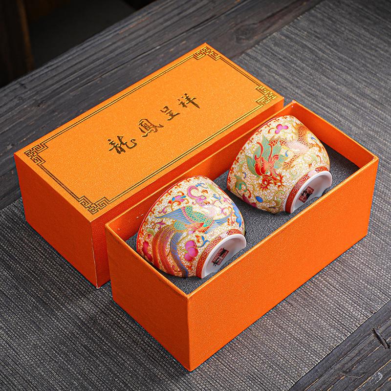 Jingdezhen Ancient Style Handmade Retro Enamel Master Single Dragon and Phoenix Pair Tasting Cup Tea Set