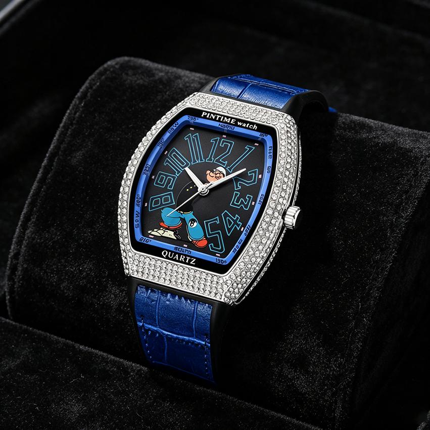 New Iced Out Men's Watch Tonneau Luxury Diamond Hip Hop Quartz Watch Cartoon Sailor Man Creative Fashion Relogio Masculino