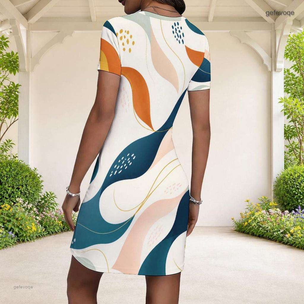 Women Plus Size Round Neck Short Sleeve Abstract Printed Fitted Mini Dress