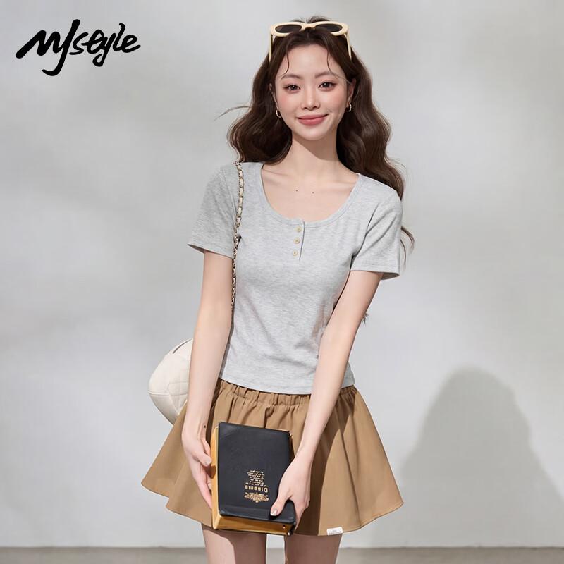 MJ STYLE U-Neck Button Short Sleeve Slim Fit T-Shirt
