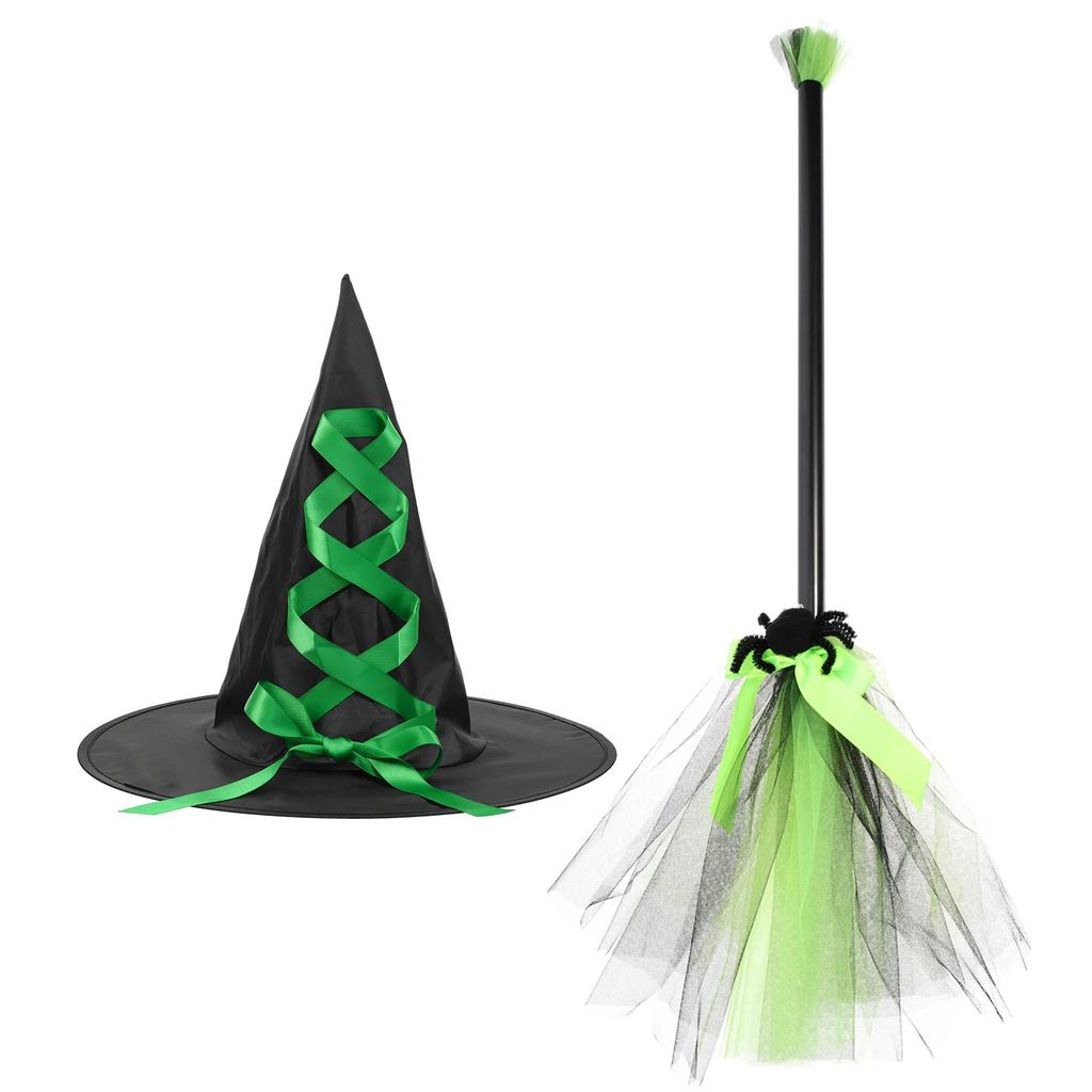 Halloween Witch Costume Accessory Set Wizard Flying Broom Witch Hat Broom Party Decor Masquerade Cosplay Costume Supplies