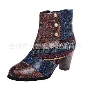 Women's Vintage PU Leather Washed Boots High Heels Bohemian Patchwork Printed Retro Women's Winter Ankle Boots Single Shoes