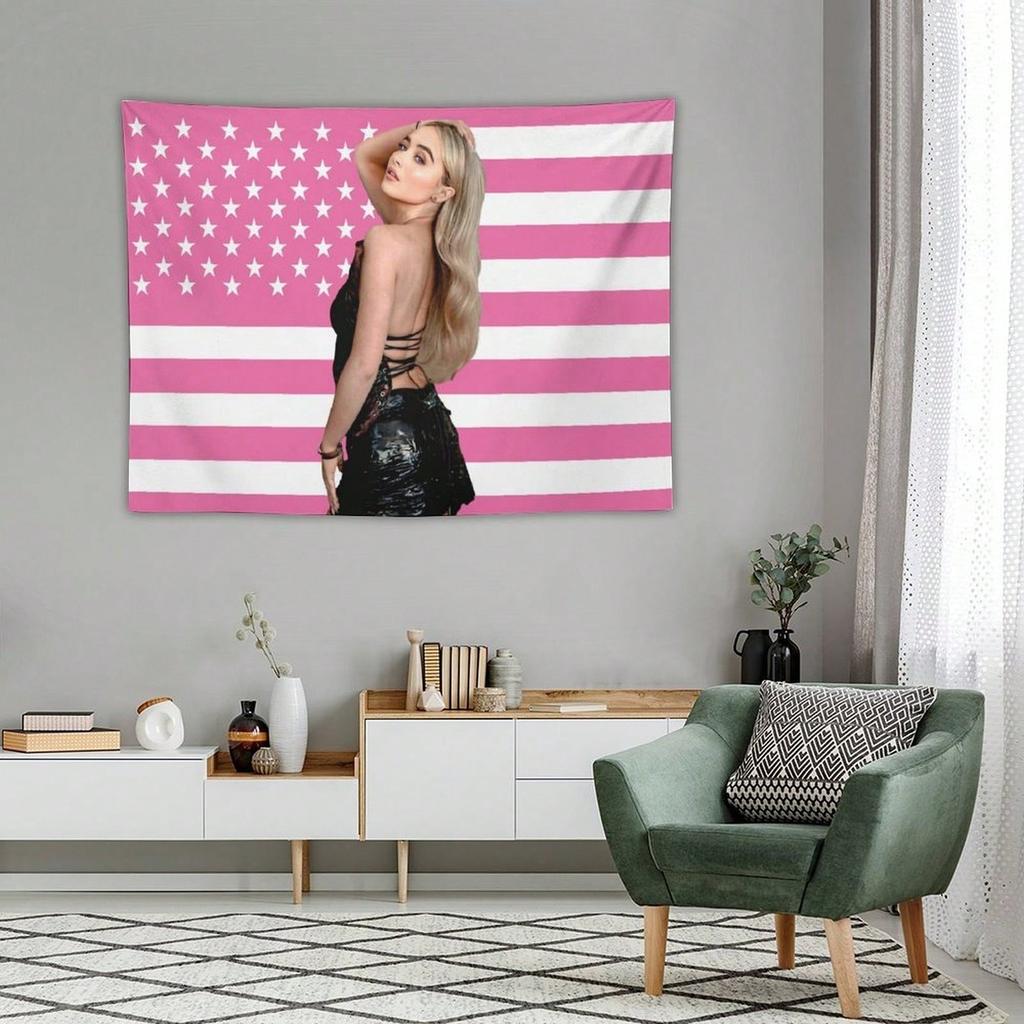 Sabrina Carpenter Tapestry Pink American Flag Music Album Cover Wall Hanging Pop Singer Room Decor for Bedroom Dorm