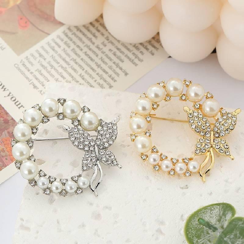Exquisite Rhinestone And Pearl Butterfly Chest Flower Brooch For Women Korean Fashion Statement Piece