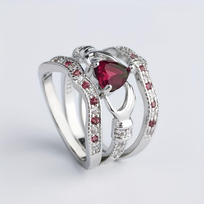 

3pcs Set of Classic And Stylish Luxurious Hollow Heart Gesture Stacked Synthetic Zirconia Rings Embracing Purple Heart-Shaped Birthstone Jewelry, Symb 5 красный