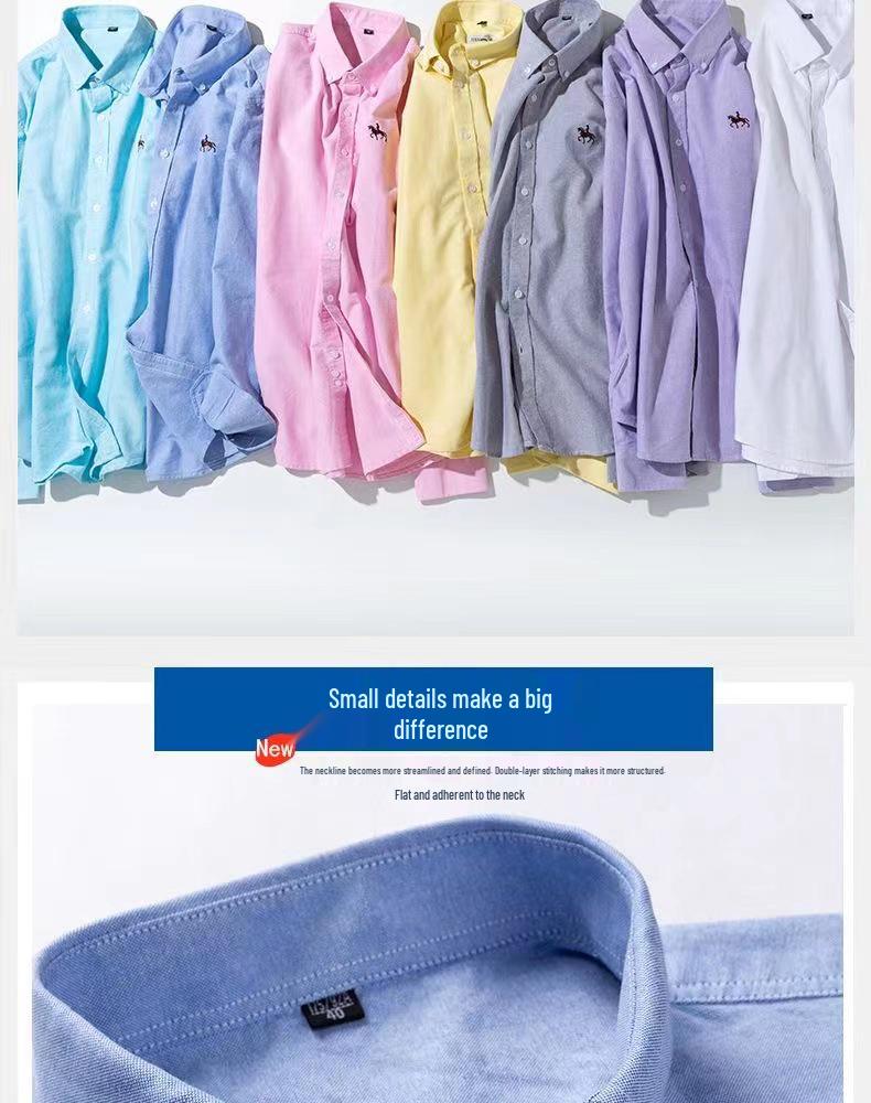 Men's Pure Cotton Embroidered Oxford Shirt - Long Sleeve, Solid Color, Spring/Autumn Business Casual