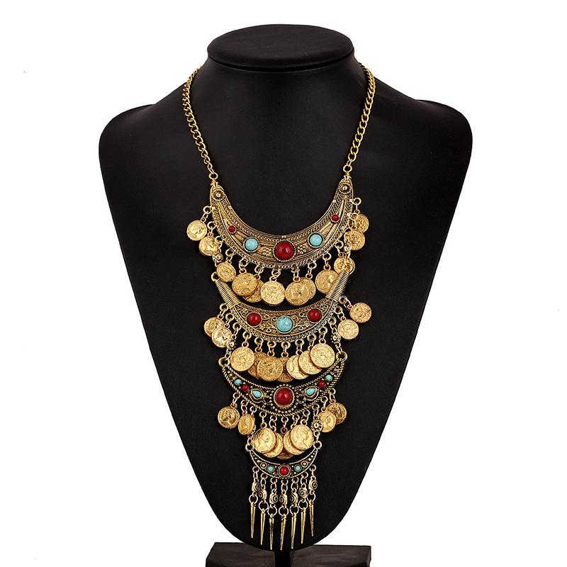 Fashion Retro Ethnic Style Exaggerated Alloy Electroplating Necklace Bohemian Turquoise Wings Fringed Necklace